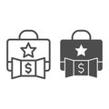 Promotion portfolio with dollar line and solid icon. Elite briefcase makes profit with star symbol, outline style