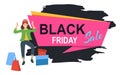 Promotion of sales and discounts. A girl is dancing near boxes. Shopping on black friday concept Royalty Free Stock Photo