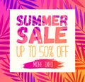 Promotion summer sale banner template. Vector summer background poster with red palm leaf design for print or web. Royalty Free Stock Photo