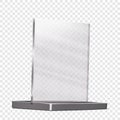 Promotional acrylic display stand realistic mockup. Clear square plexi stand on transparent background mock-up