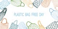 Promotional banner featuring recycled shopping bags. Vector flat illustration of a day without a plastic bag.