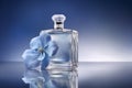 Promotional commercial photo of parfume bottle with blue flowers ai generated Royalty Free Stock Photo