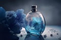 Promotional commercial photo of parfume bottle with blue flowers ai generated Royalty Free Stock Photo