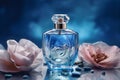 Promotional commercial photo of parfume bottle with blue flowers ai generated