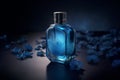 Promotional commercial photo of parfume bottle with blue flowers ai generated Royalty Free Stock Photo