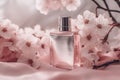 Promotional commercial photo of parfume bottle in cherry flowers ai generated