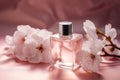 Promotional commercial photo of parfume bottle in cherry flowers ai generated