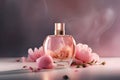 Promotional commercial photo of parfume bottle with pink flowers ai generated