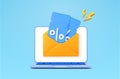 Promotional Email Marketing service banner template with discount coupons, vouchers. 3d rendered envelope icon with