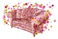 Promotional image of a soft sofa of flowers surrounded by flowers flying