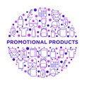 Promotional products concept in circle with thin line icons: notebook, tote bag, sunglasses, t-shirt, water bottle, pen, backpack