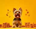 Promotional shot of cute yorkshire terrier with Dog Treats on yellow background. Generative Ai content