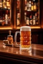 A promotional shot with a full glass of light camp beer with droplets on the sides in the bar.