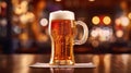 A promotional shot with a full glass of light camp beer with droplets on the sides in the bar. Royalty Free Stock Photo