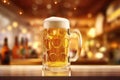 A promotional shot with a full glass of light camp beer with droplets on the sides in the bar. Royalty Free Stock Photo