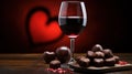 Promotional shot of glass of red wine, heart-shaped chocolates, valentine's day, glow, on a clean background