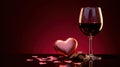 Promotional shot of glass of wine, heart-shaped chocolates, valentine's day, glow, on a clean background