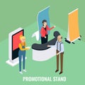 Promotional stands. Sales promoters advertising products to customer, vector isometric illustration. Exhibition booth. Royalty Free Stock Photo