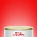 A promotional vector scene with a white cylinder stage, Christmas greeting text, and empty space.