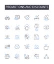 Promotions and discounts line icons collection. Sales offers, Special deals, Discount coupons, Bargain prices, Rebate