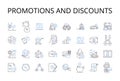 Promotions and discounts line icons collection. Sales offers, Special deals, Discount coupons, Bargain prices, Rebate