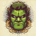 An illustration of a Hulk face with super fine detail of vintage artwork.