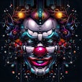 An illustration of a joker or a clown face with cyberpunk artwork.