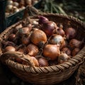 The prompt describes a close-up shot of a basket filled with fresh onions