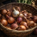 The prompt describes a close-up shot of a basket filled with fresh onions