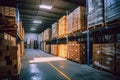 Prompt warehouse with lots of pallets, boxes, racking and forklift. Royalty Free Stock Photo