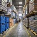 Prompt warehouse with lots of pallets, boxes, racking and forklift.