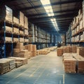 Prompt warehouse with lots of pallets, boxes, racking and forklift. Royalty Free Stock Photo