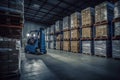 Prompt warehouse with lots of pallets, boxes, racking and forklift.