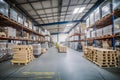 Prompt warehouse with lots of pallets, boxes, racking and forklift. Royalty Free Stock Photo