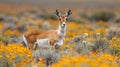 Witness the majestic Pronghorn Antelope gliding through a vibrant tapestry of yellow wildflowers, capturing the essence Royalty Free Stock Photo