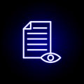 Proof reading, eye, page icon in neon style. Can be used for web, logo, mobile app, UI, UX