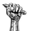 Propaganda Woodcut Fist Hand Holding Pencil