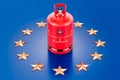 Propane cylinder with compressed gas on the European Union flag. 3D rendering