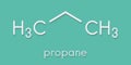 Propane hydrocarbon molecule. Alkane used as fuel in portable stoves, gas blowtorches, cars, etc. Skeletal formula.