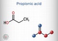 Propanoic acid, propionic acid molecule. It is short-chain saturated fatty acid, antifungal drug, antimicrobial agent Royalty Free Stock Photo