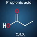 Propanoic acid, propionic acid molecule. It is short-chain saturated fatty acid, antifungal drug, antimicrobial agent Royalty Free Stock Photo