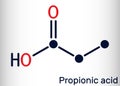 Propanoic acid, propionic acid molecule. It is short-chain saturated fatty acid, antifungal drug, antimicrobial agent Royalty Free Stock Photo