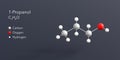 1-propanol molecule 3d rendering, flat molecular structure with chemical formula and atoms color coding