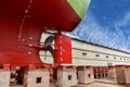 Propeller Close up and Repair Cargo ship in floating dry dock. Royalty Free Stock Photo