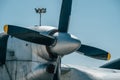 Propeller and engine of big old retro cargo airplane, close up Royalty Free Stock Photo