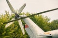 Propeller from a helicopter close-up on a background of gray sky. Color toning Royalty Free Stock Photo