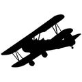 Propeller motor aircraft with two wings. Black silhouette on a white background.