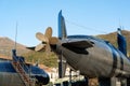 The propeller of the submarine. An old military submarine mounted on land in a museum in Tivat, Montenegro, in the Royalty Free Stock Photo