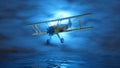 propeller vintage plane flying in the fog in blue lighting Royalty Free Stock Photo