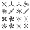 Propellers assortment black and white icons isolated set. Fans blowers pictograms collection